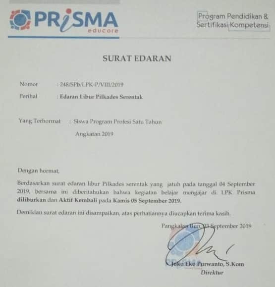 Peserta Didik LPK Prisma Libur saat Pilkades Serentak