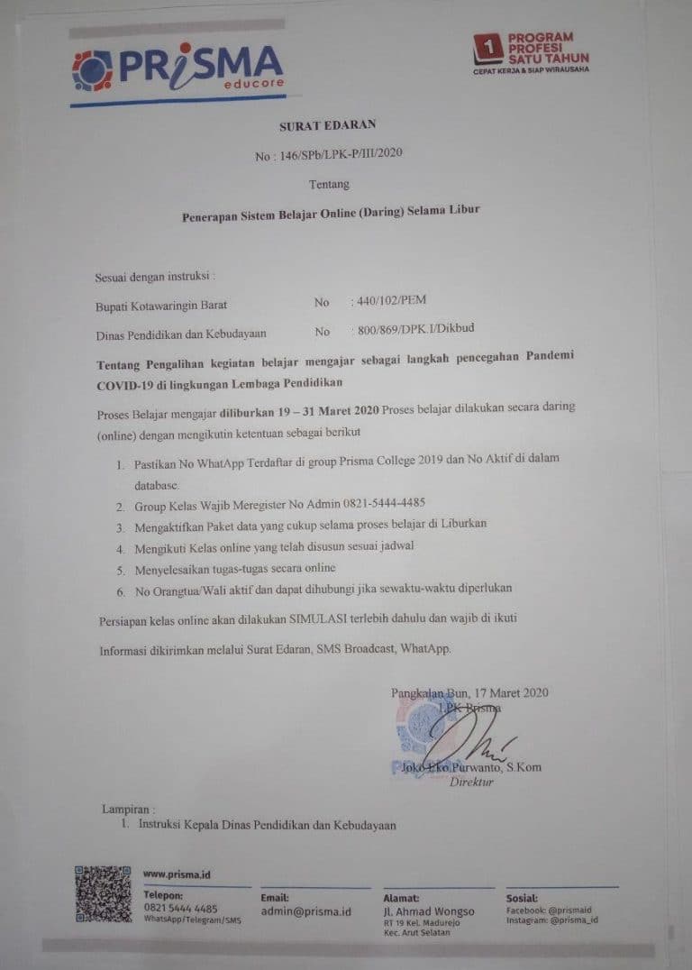 LPK Prisma Liburkan Peserta Didik Cegah Pandemi COVID-19